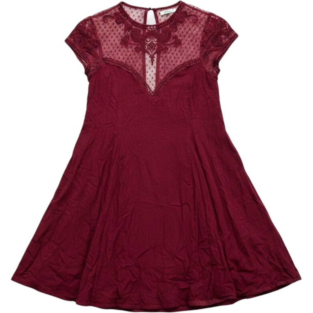 Kimchi Blue Burgundy Lace Mesh Embroidery Babydoll Dress XS Maroon Cap Sleeve